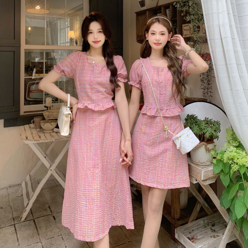 Set áo cổ vuông tay bồng mix chân váy - set váy kẻ hồng hottrend
