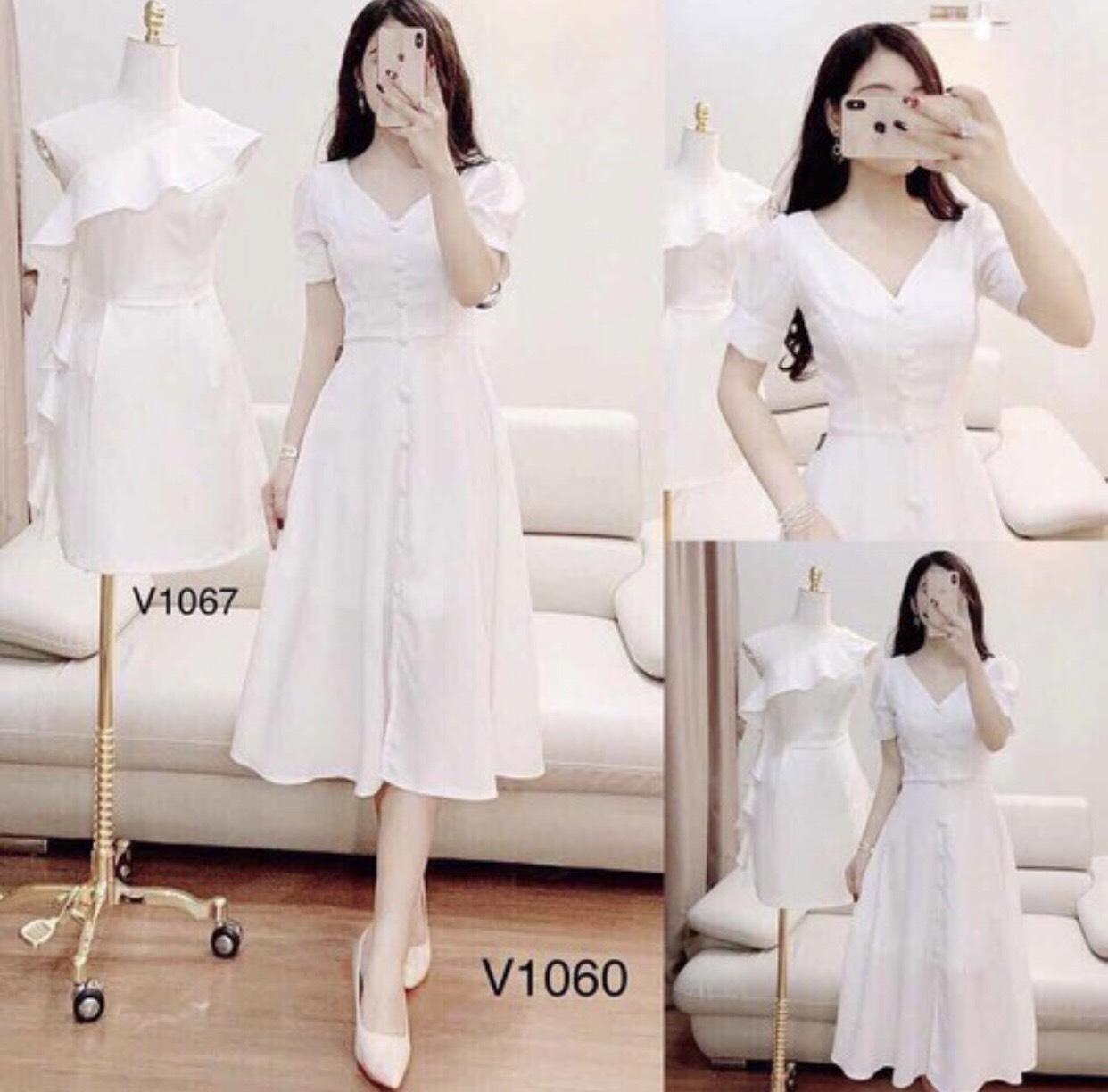 Đầm cổ V nút bọc