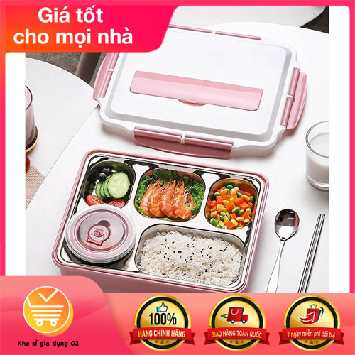 Hộp Đựng Cơm Văn Phòng Khay Inox 5 Ngăn Có Bát Để Canh Bọc Nhựa Bên Ngoài - Giá Điện Thoại Tặng Thìa Đũa Inox
