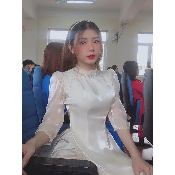 Áo dài truyền thống voan tơ 4 tà cổ xếp ly phối ngọc