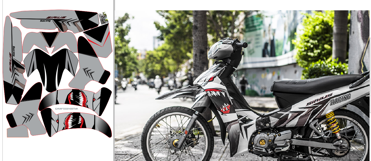 Tem trùm xe máy sirius Cá mập trắng đen - Độ tem xe máy sirius thiết kế theo yêu cầu - Chế tem trùm xe máy sirius rẻ đẹp
