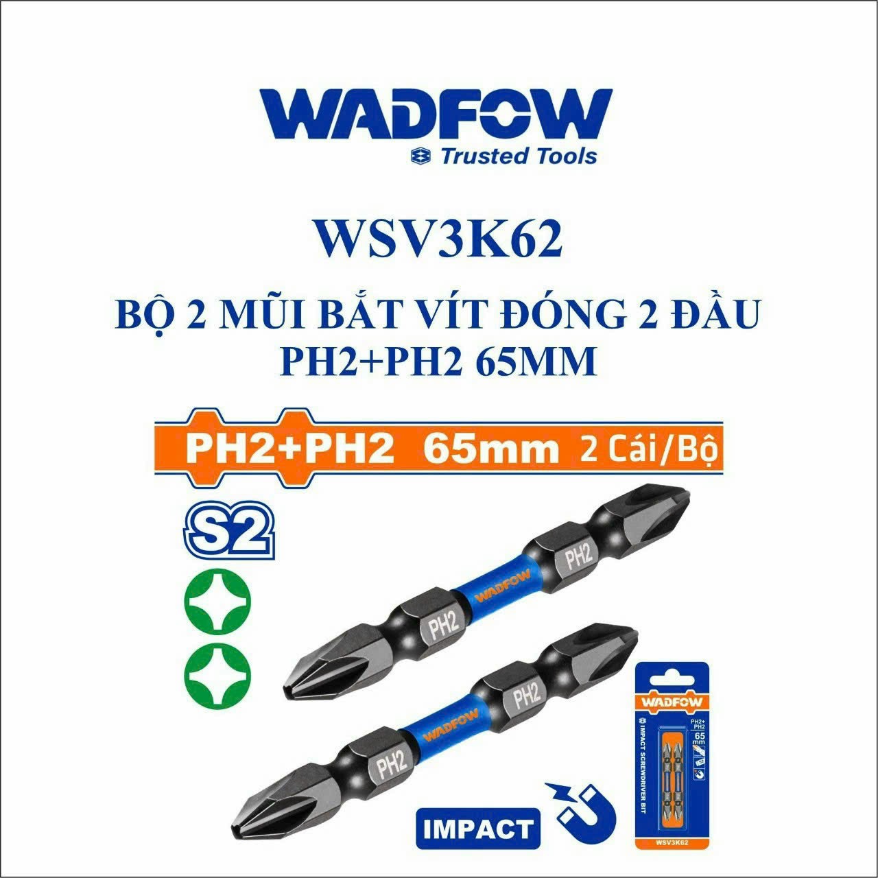 Wsv3k62 bộ 2 mũi bắt vít đóng 2 đầu ph2+ph2 65mm wadfow