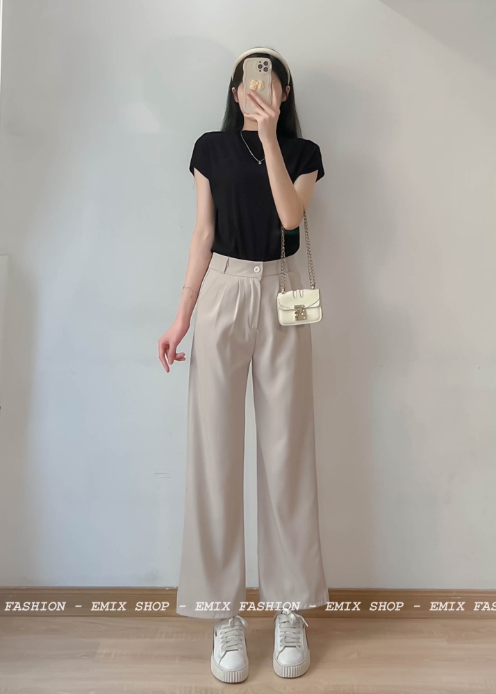 Quần culottes ống rộng nữ suông dài EMIX, cạp cao, chất ruby cao cấp cài cúc 213