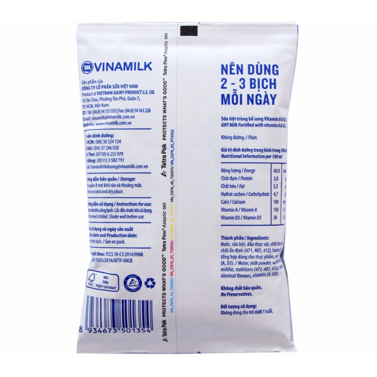 Combo 5 bịch sữa vinamilk 220ml không đường