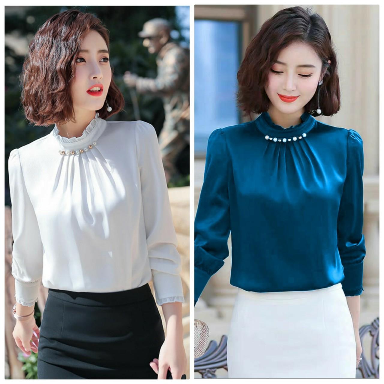 ÁO SƠ MI CỔ NHÚN ĐÍNH HẠT NGOCTRANSHOP- NT3300