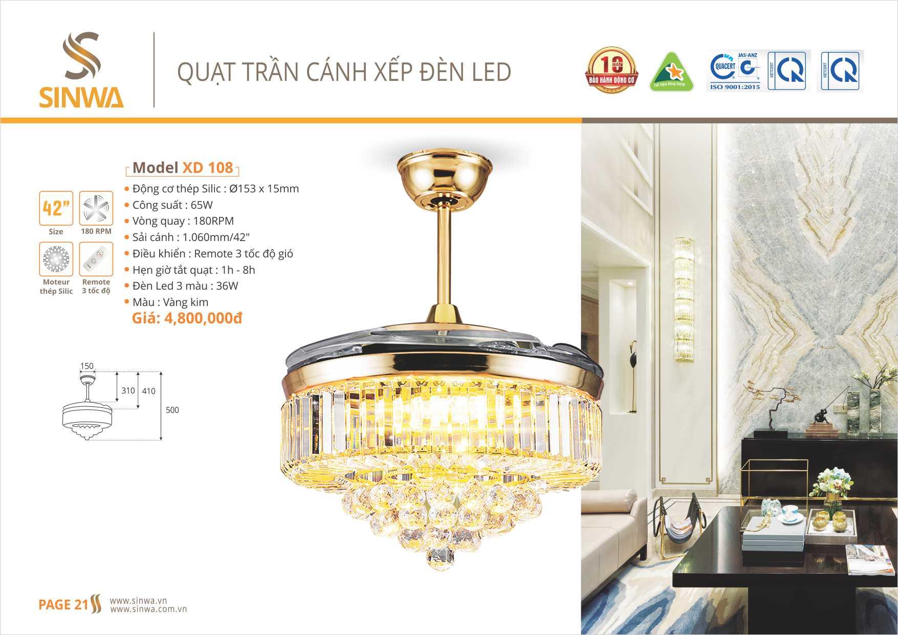 QUẠT TRẦN CÁNH XẾP ĐÈN LED SINWA XD108 (Hàng chính hãng)