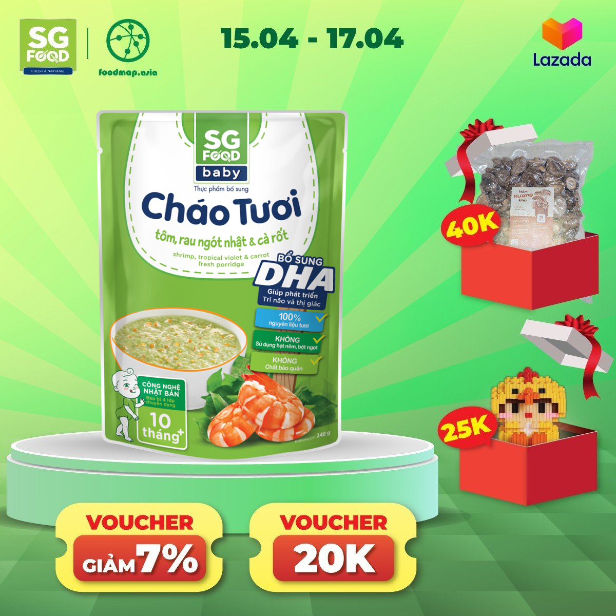 Cháo Tươi Baby Sài Gòn Food Tôm, Rau Ngót Nhật & Cà Rốt 240G