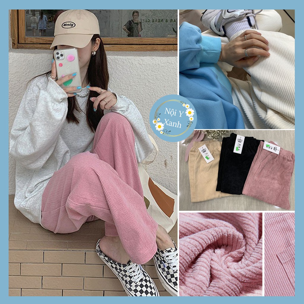 Quần nỉ Nhung tăm Ống Rộnglottes Ulzzang nữ - quần ống suông lưng cao phong cách hàn quốc chất nhung chất siêu ấm