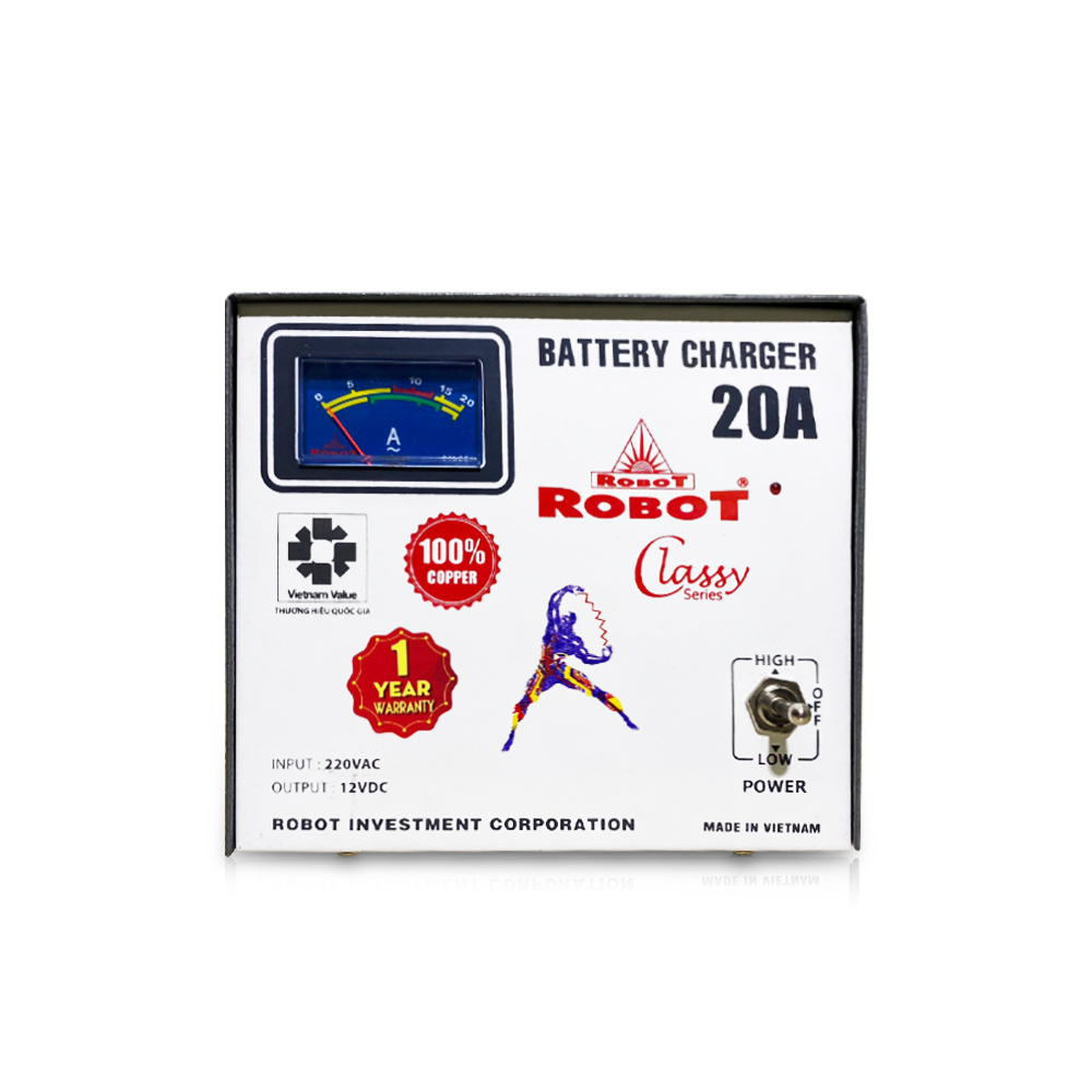 MÁY SẠC ẮC QUY ROBOT TĂNG GIẢM 20A (12V, DÂY ĐỒNG)