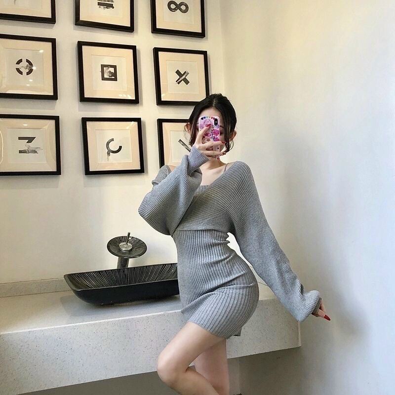 Đầm thun gân len kiểu yếm rớt vai sexy, vải co dãn mạnh