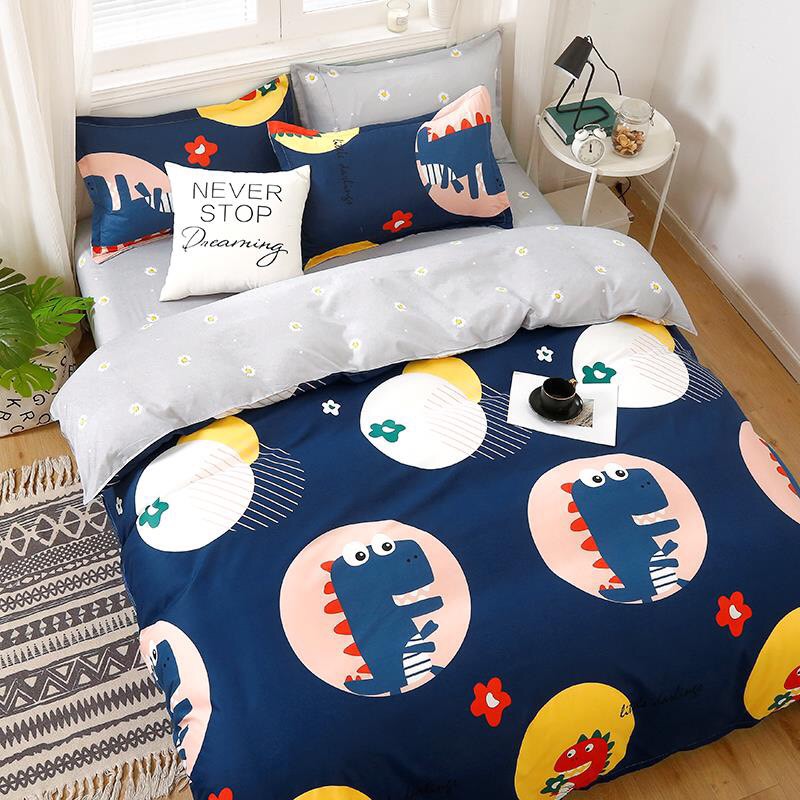 Trọn Bộ 4 Món Chăn Ga Gối Cotton Poly Nhập Mẫu KHỦNG LONG LITTLE Dễ Thương Cho Trẻ Em