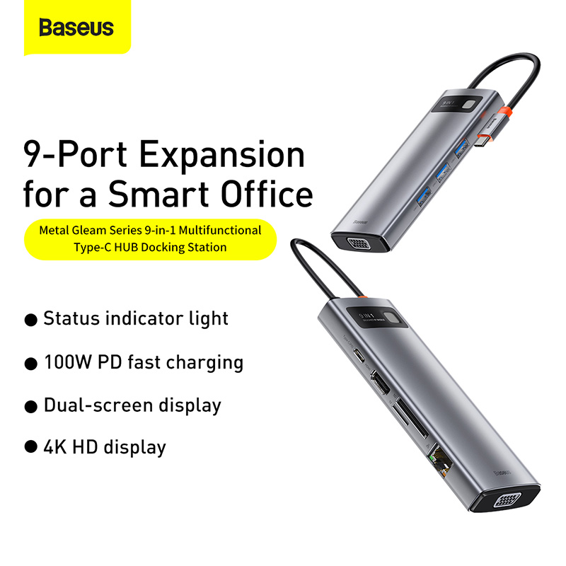 NEW丨 Baseus USB C HUB to HDMI tương thích với VGA Bộ chuyển đổi USB 3.0 9/11 trong 1 Đế cắm USB Type C HUB cho MacBook Pro Air PD RJ45 SD Card Reader