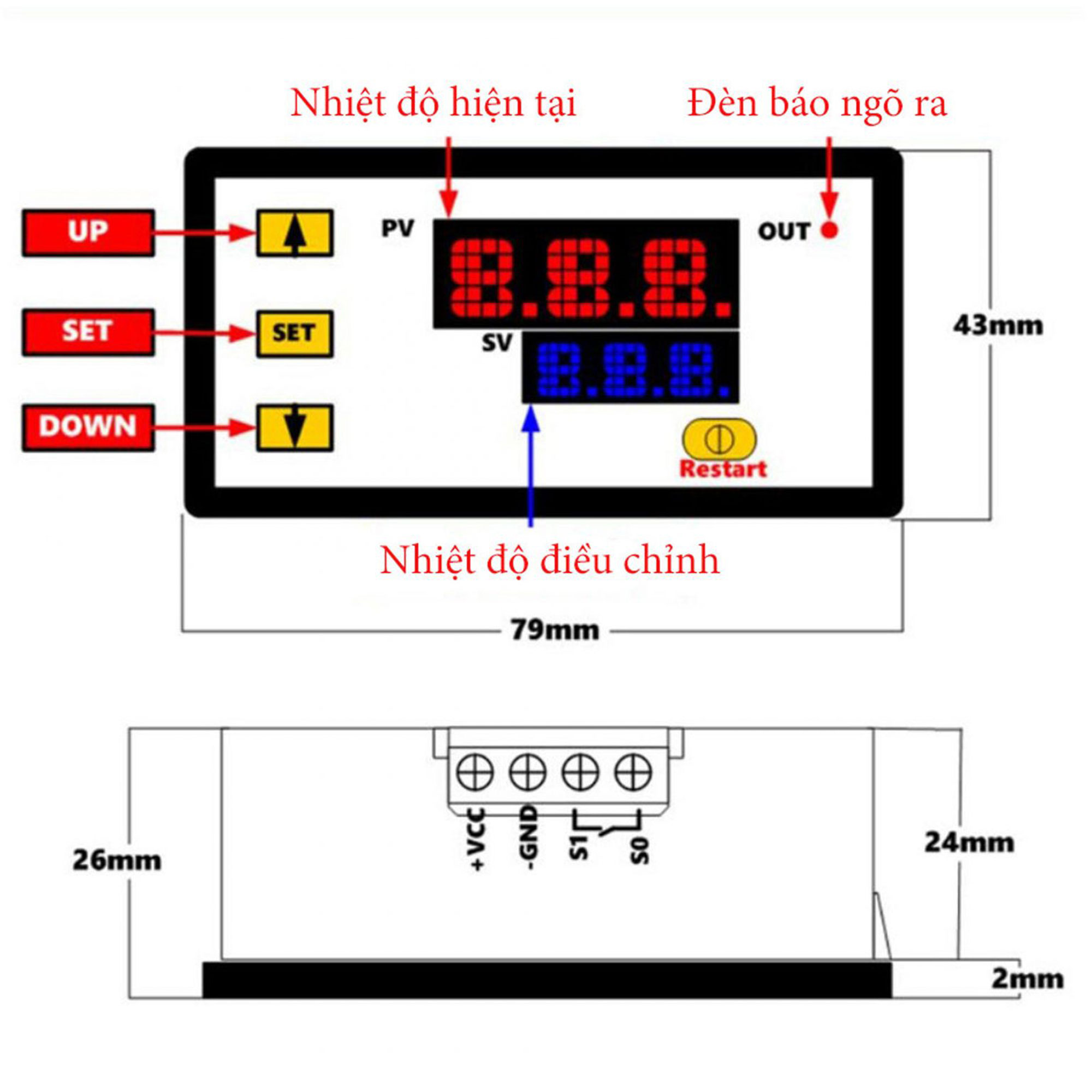 Bộ khống chế nhiệt độ Type-K 500 độ C 12VDC / 220VAC