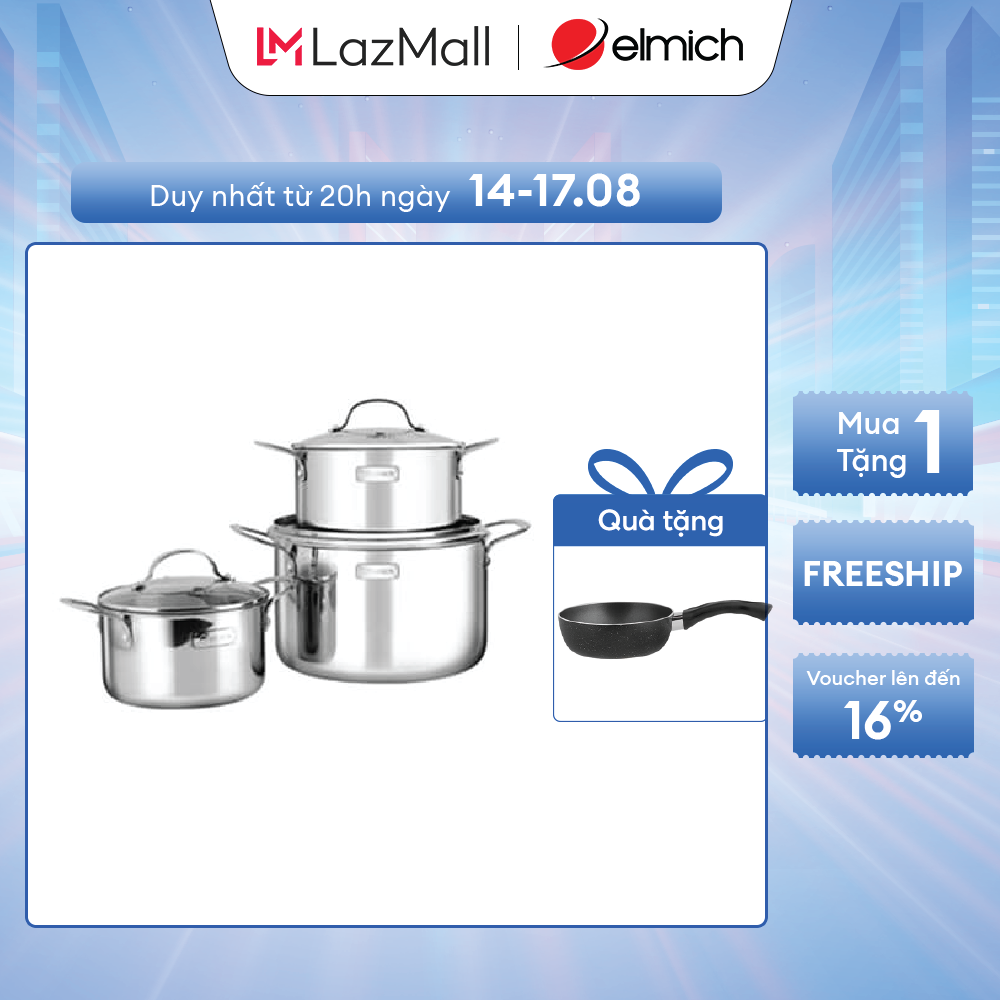 Bộ nồi inox trimax 3 lớp đáy liền elmich 2103ol size 18,20,26cm
