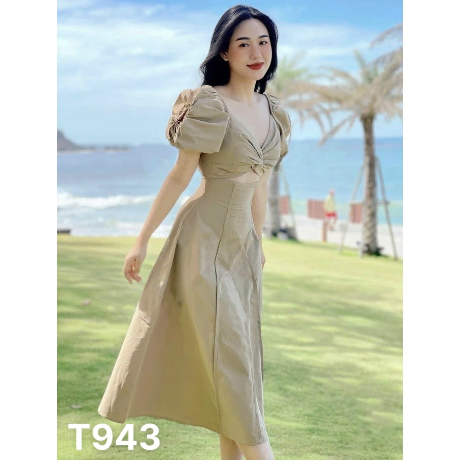 Đầm lụa xoắn ngực khoét eo dáng xoè xếp ly chất liệu voan chingfon T943