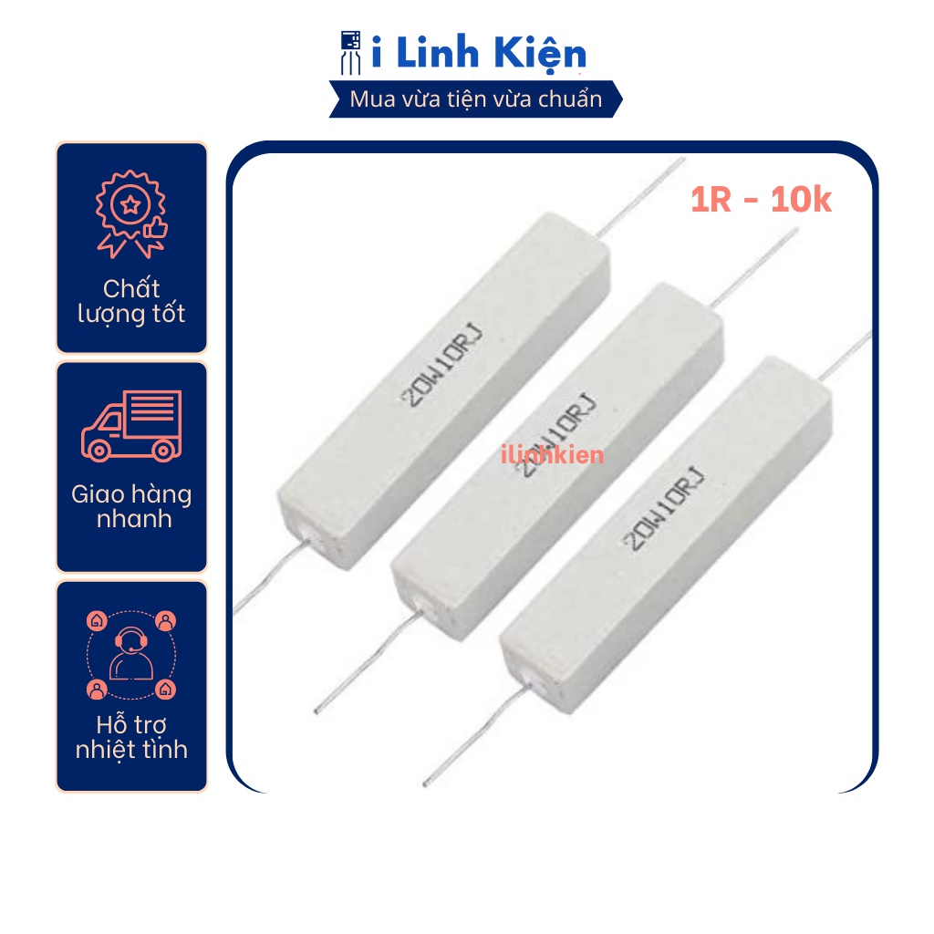 Điện trở sứ 20w 1r - 10k 5% chất lượng tốt