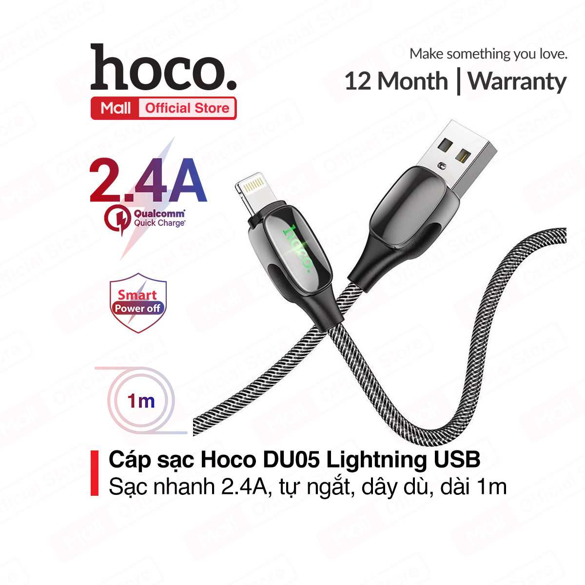 Cáp sạc tự ngắt hoco du05 usb to lightning dành cho iphone/ipad, sạc nhanh 2.4a, dây bọc dù chống đứt, có đèn led, dài 1m