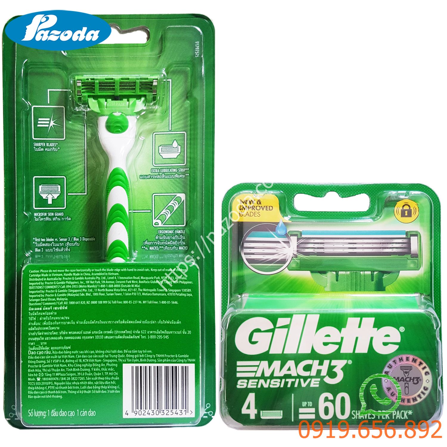 Bộ dao cạo râu 3 lưỡi Gillette Mach 3 sensitive (1 tay cầm và 5 đầu cạo)