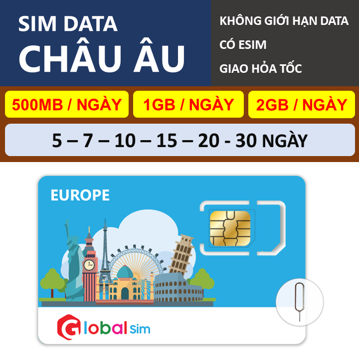 Sim Data Châu Âu 40 Nước - Không Giới Hạn Data. Chưa kích hoạt.