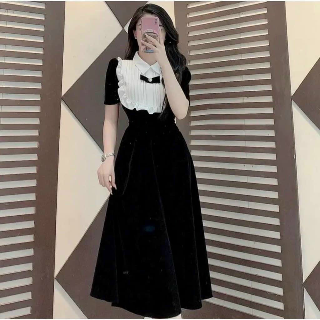 Đầm nữ chất nhung cứng cổ bèo dập ly phối nơ thời trang, Đầm dự tiệc cổ bèo phối nơ chất nhung cứng sang trọng, Đầm xòe dài có cổ bèo có nơ xếp ly đi chơi, dự tiệc xinh xắn MTB