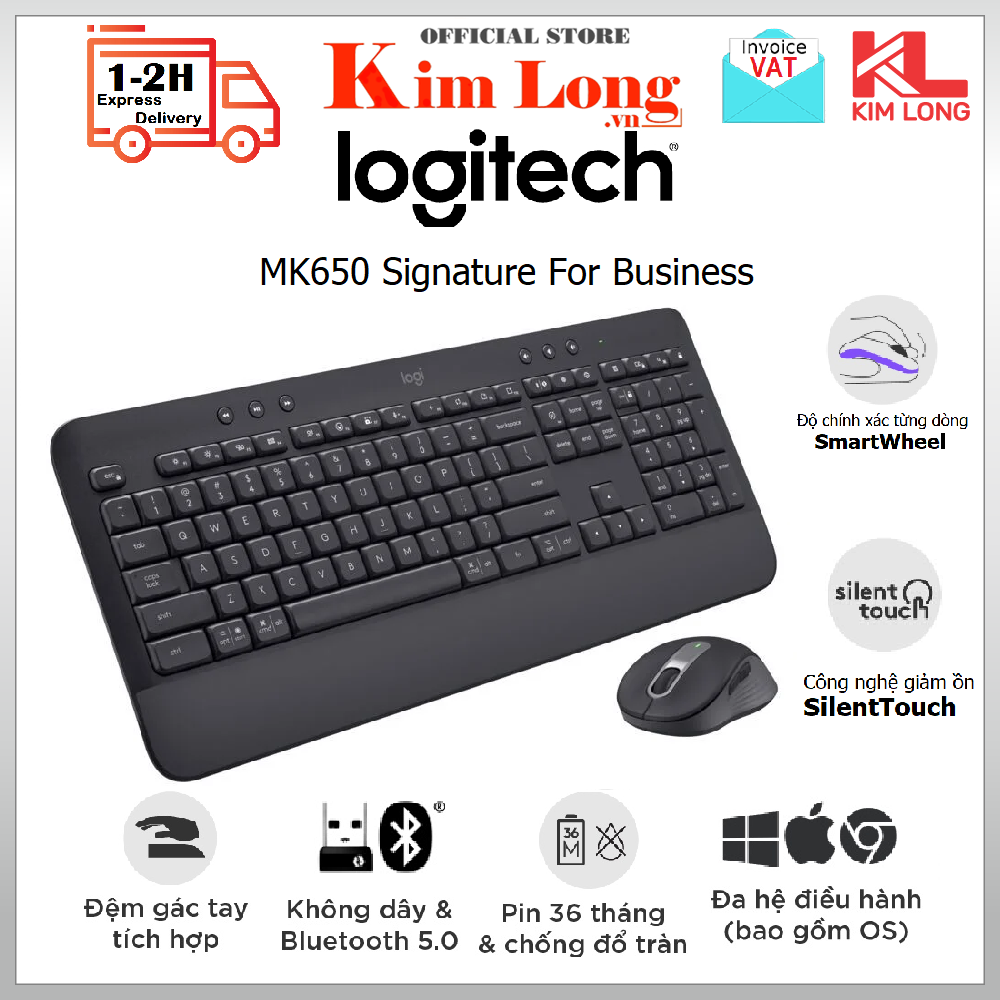 Bàn phím chuột Logitech MK650 Signature Business, Yên lặng, Kết nối Bluetooth / Usb Logi Bolt - Hàng chính hãng