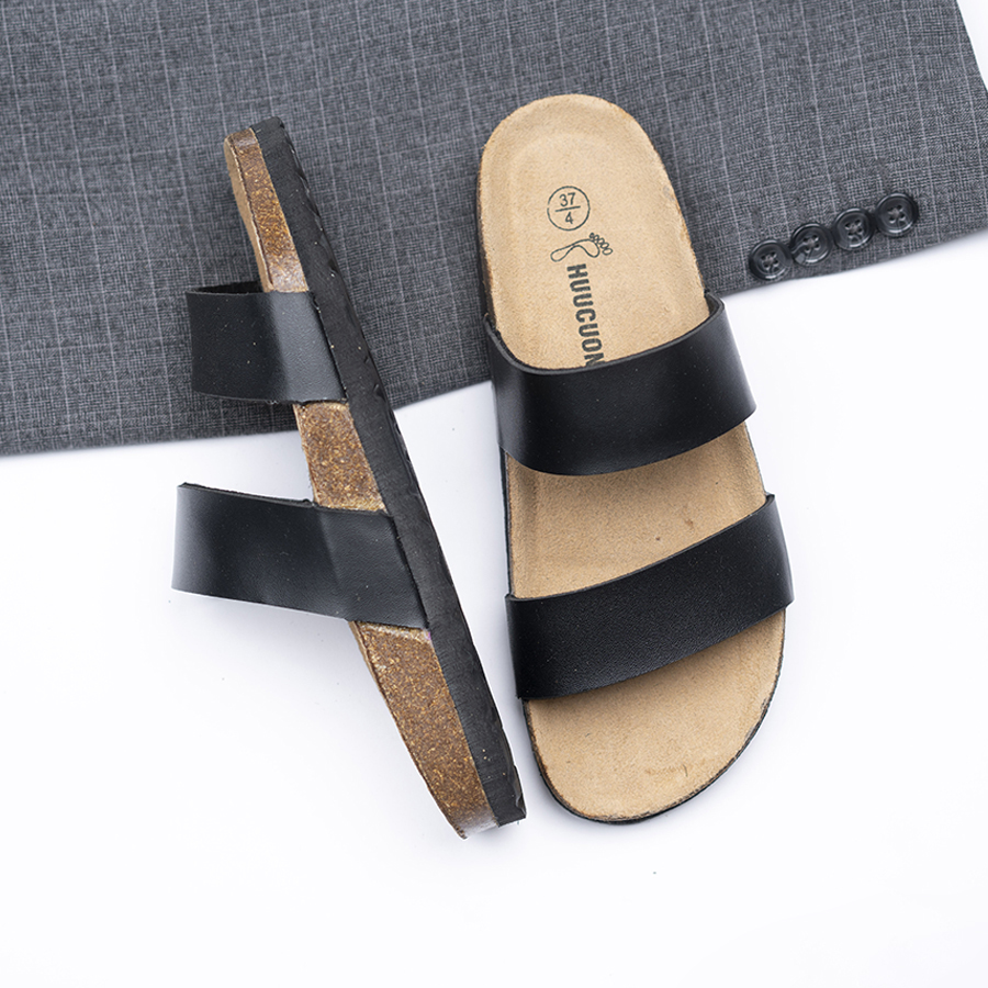 Dép đế trấu unisex 2 quai da pu đen