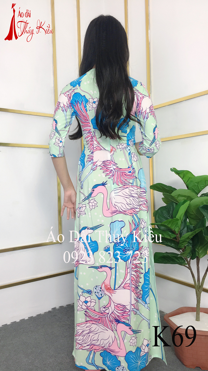 Áo dài nữ truyền thống thiết kế may sẵn tết cách tân nền xanh hồng hạc K69 Thúy Kiều mềm mại co giãn áo dài giá rẻ
