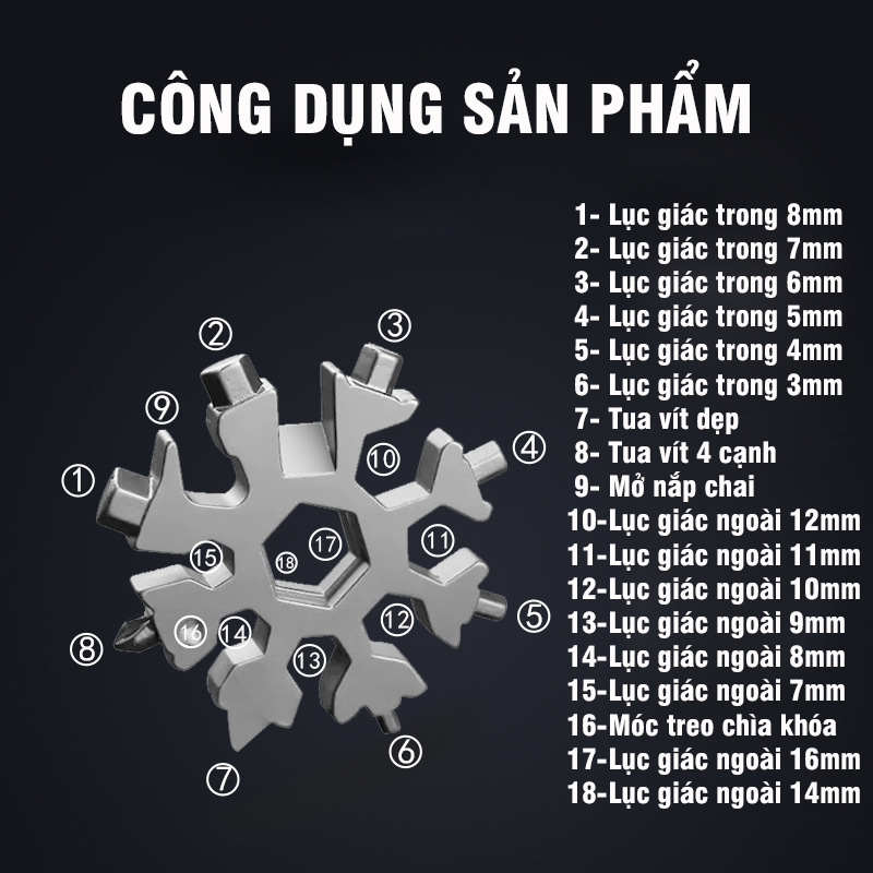Móc Khóa Hình Bông Tuyết Cờ Lê Đa Năng Tích Hợp 18 Đầu Trong 1 Tiện Lợi Nhỏ Gọn Thông Minh