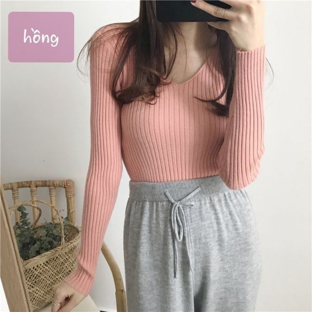 Áo len nữ gân tăm cổ tim tay dài dáng ôm