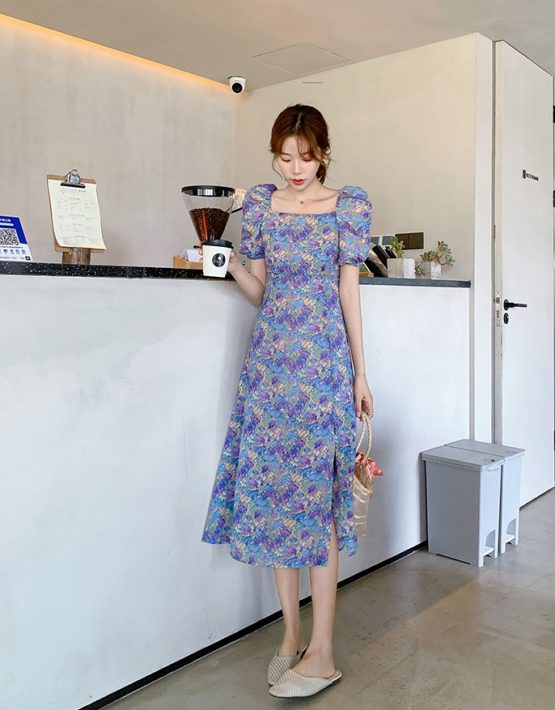 Đầm voan hoa tím cổ điển