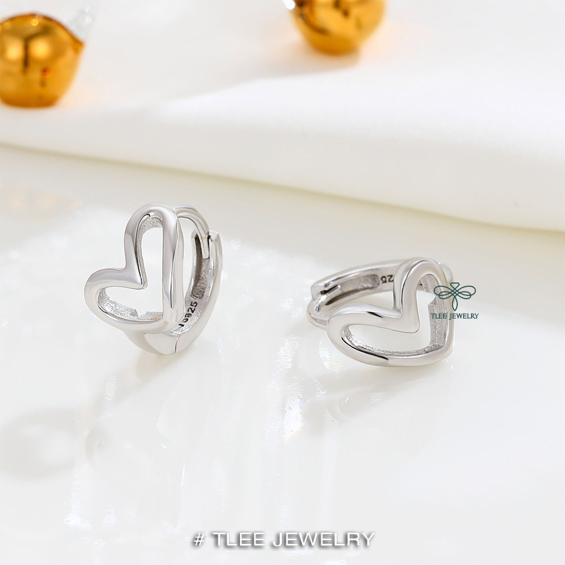 Khuyên tai bạc nữ TLEE tròn trơn hình tim chéo cá tính TleeJewelry B0269