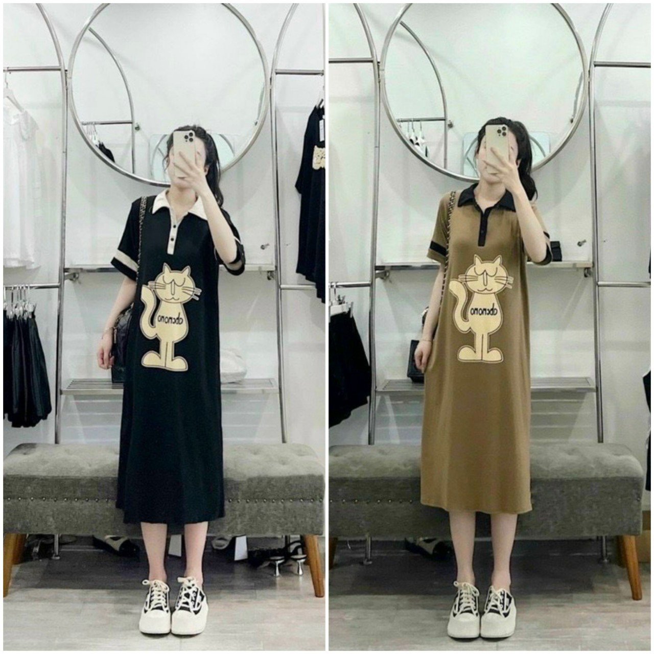 Váy suông nữ cổ polo mèo cộc tay đầm suông cổ bẻ dáng dài chất đẹp