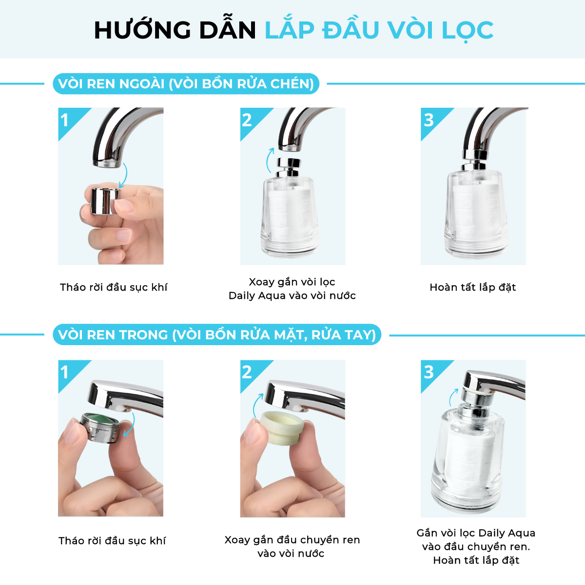 Bộ Đầu Vòi Tăng Áp Lọc Nước Daily Aqua Dành Cho Bồn Rửa Chén, Rửa Tay, Rửa Mặt, Bồn Lavabo