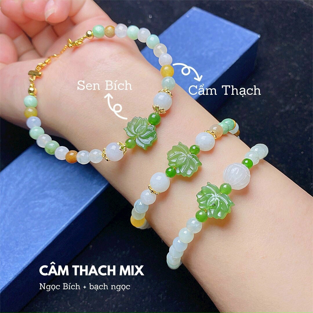 Vòng đeo tay, lắc tay mix hoa sen phong thủy đá ngọc cẩm thạch