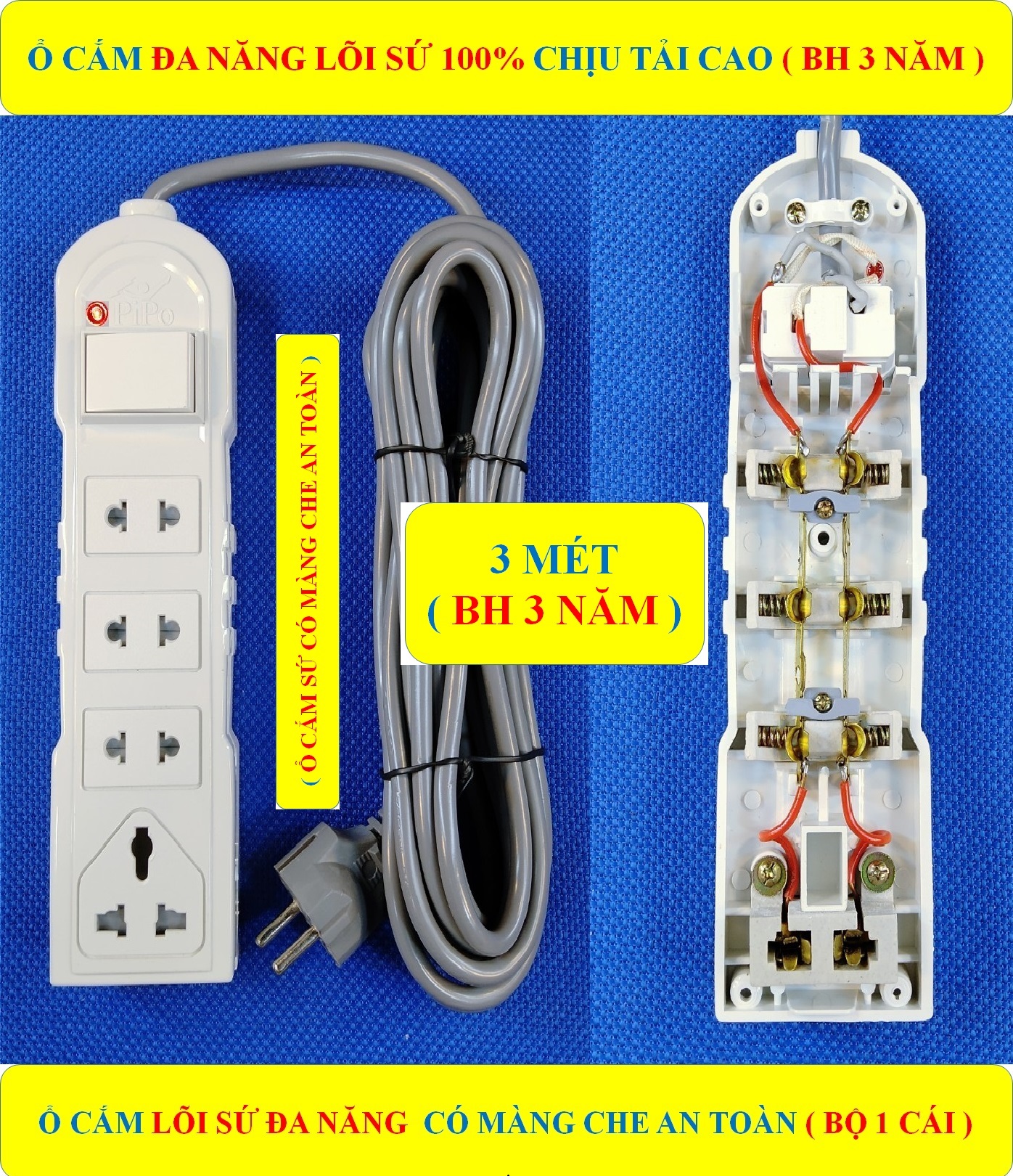 Ổ cắm điện lõi SỨ đa năng CHỊU TẢI CAO + (BH 3 NĂM) + ổ cắm có MÀNG CHE AN TOÀN + Dây dài 3/5 Mét + 1 Đèn LED báo sáng + 4 ổ cắm lõi SỨ chịu nhiệt chịu tải cao + 1 Công tắc  (bộ 1 sản phẩm)
