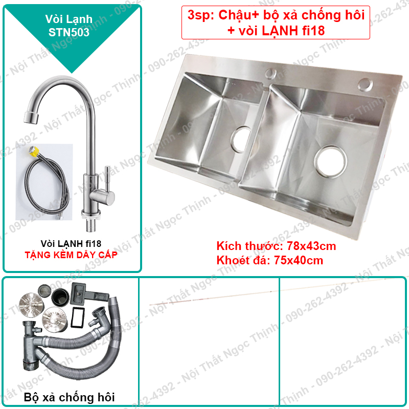 Combo chậu rửa chén đúc nguyên khối sentano 2 hộc cân 78x43cm inox 304 + tặng kèm bộ xả chống hôi và phụ kiện