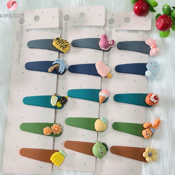 [HCM]Set 5 Kẹp Tóc Bấm Mái Nhựa Nhám Đính Thú Cao Cấp Cho Bé