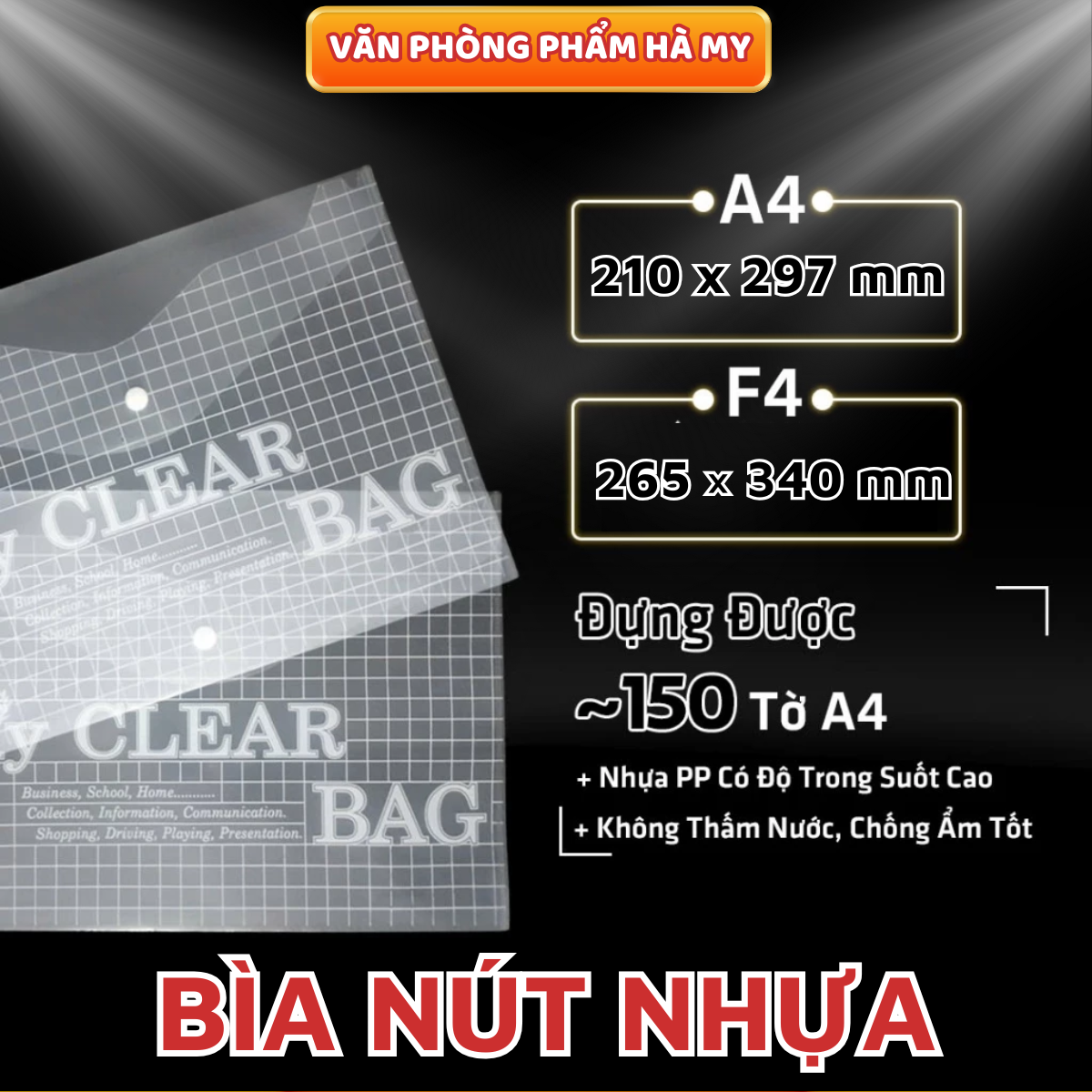 Xấp 12 Cái Bìa Nút Nhựa A4/F4 My Clear Bag, Bìa Sơ Mi PP Dày Trong Suốt Bảo Vệ Tài Liệu, Không Thấm Nước