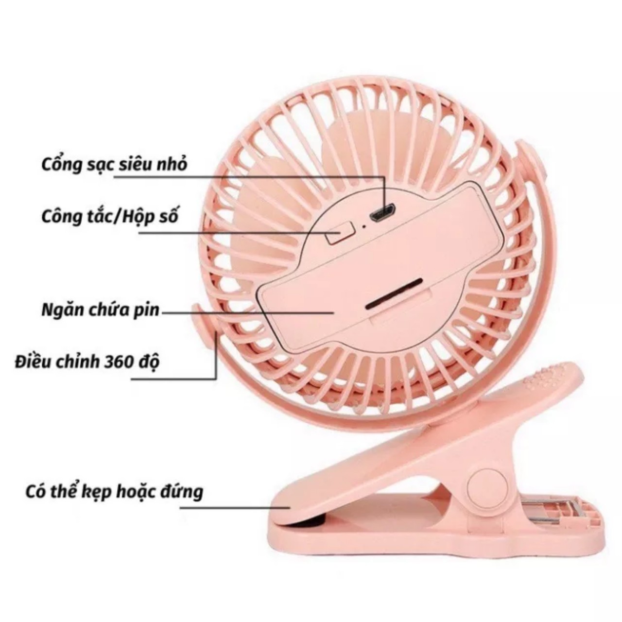 Quạt mini kẹp bàn, quạt kẹp bàn xoay 360 độ pin tích điện chân kẹp bàn, kẹp xe đẩy - pin sạc, 3 cấp độ