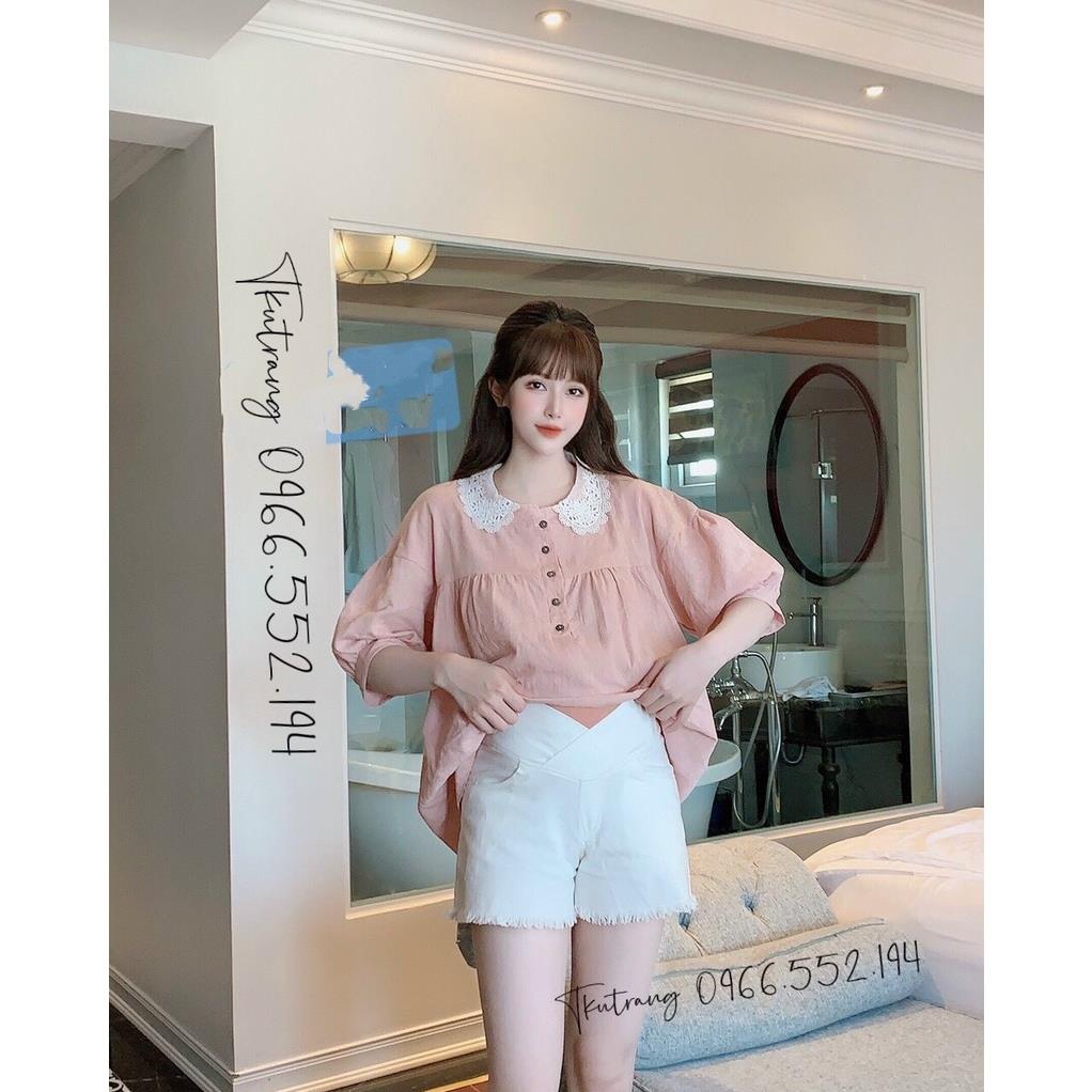 ￼Áo bầu mùa hè - Áo sơ mi bầu cổ ren hoa 3D (50-75kg)
