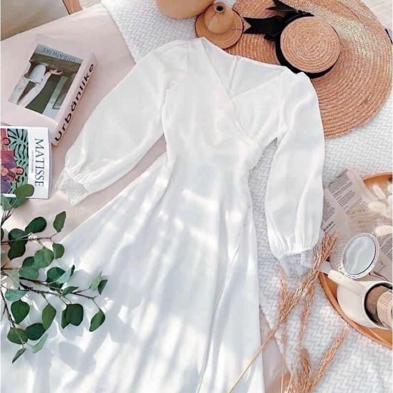 ĐẦM TRẮNG TAY DÀI, VIỀN REN, NÚT EO (có ảnh thật) MS123