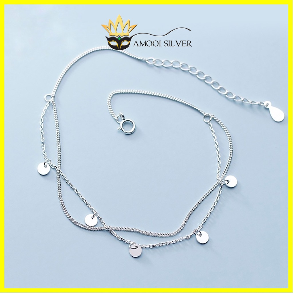 Lắc chân bạc S925 sequin dây đôi khoen lá - Amooi Silver AC25
