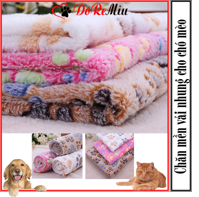 Doremiu- Chăn mền chó mèo bằng vải nhung ấm áp (3 màu) in hình dấu chân