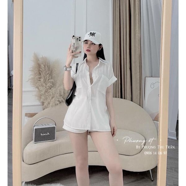 Áo sơ mi cộc tay nữ cánh rơi 2 túi