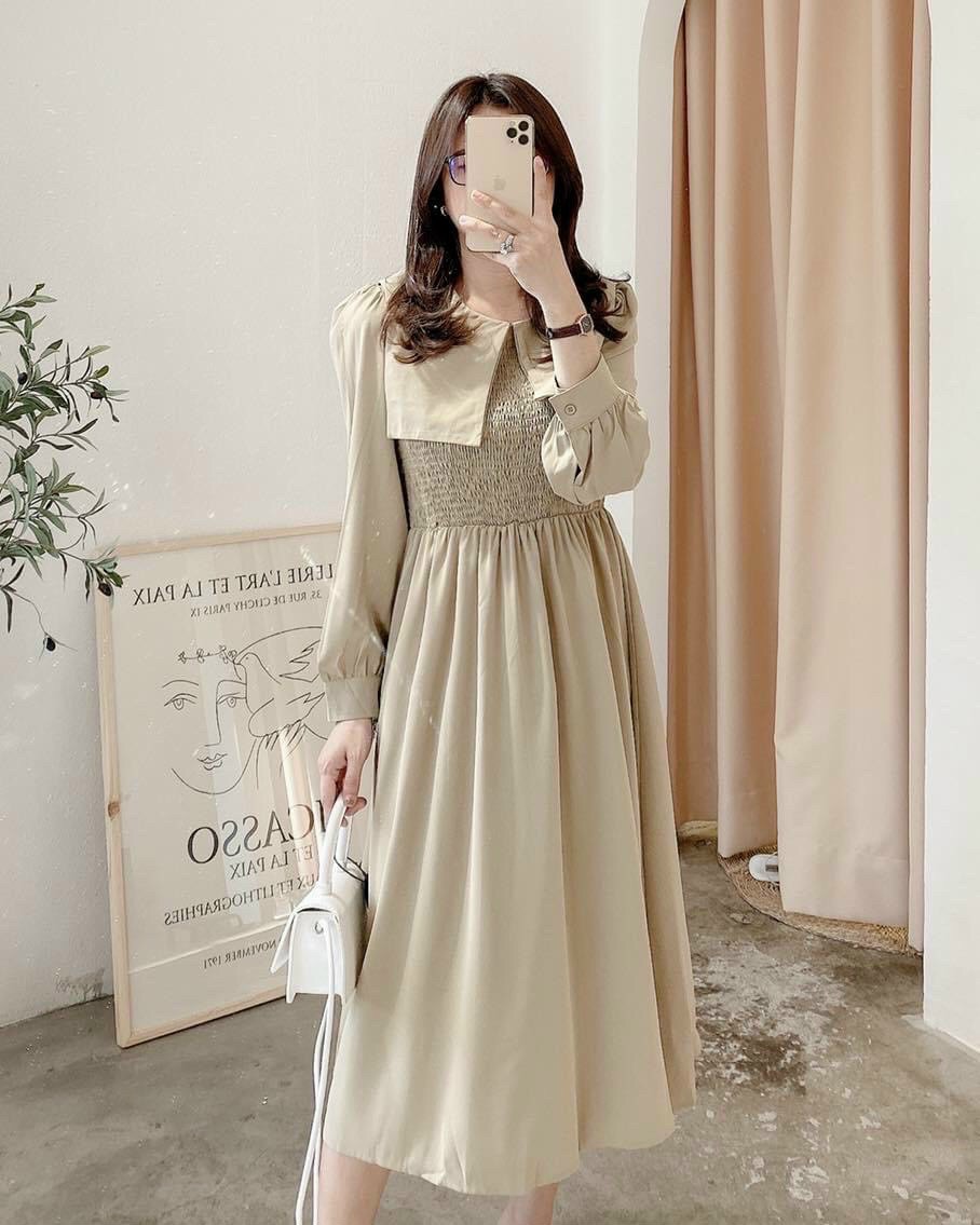 Đầm midi cổ sen vuông tay bồng