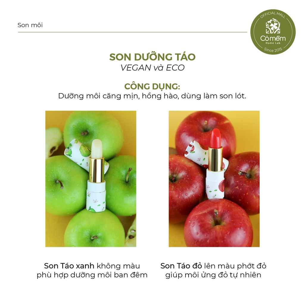 Son Dưỡng Môi - Son Dưỡng Táo Hữu Cơ Cỏ Mềm - Son Dưỡng Thuần Chay Bảo Vệ Môi Trường - Son Dưỡng Thiên Nhiên An Toàn