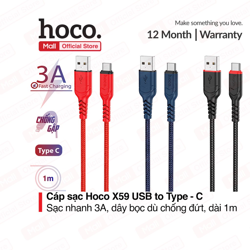 Cáp sạc nhanh cổng type-c dây dài 1m hoco x59 3.0a