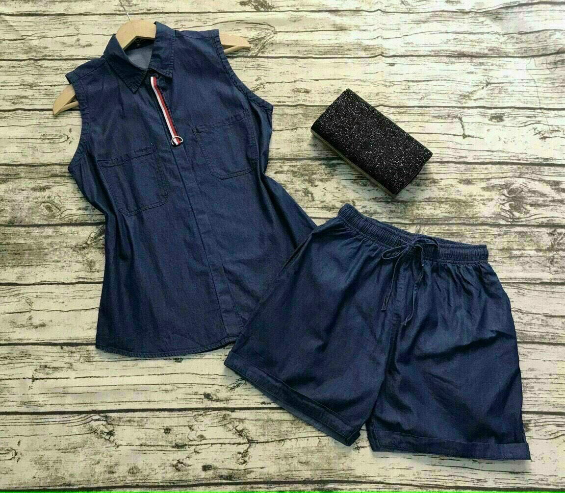 set quần short áo sât nách denim