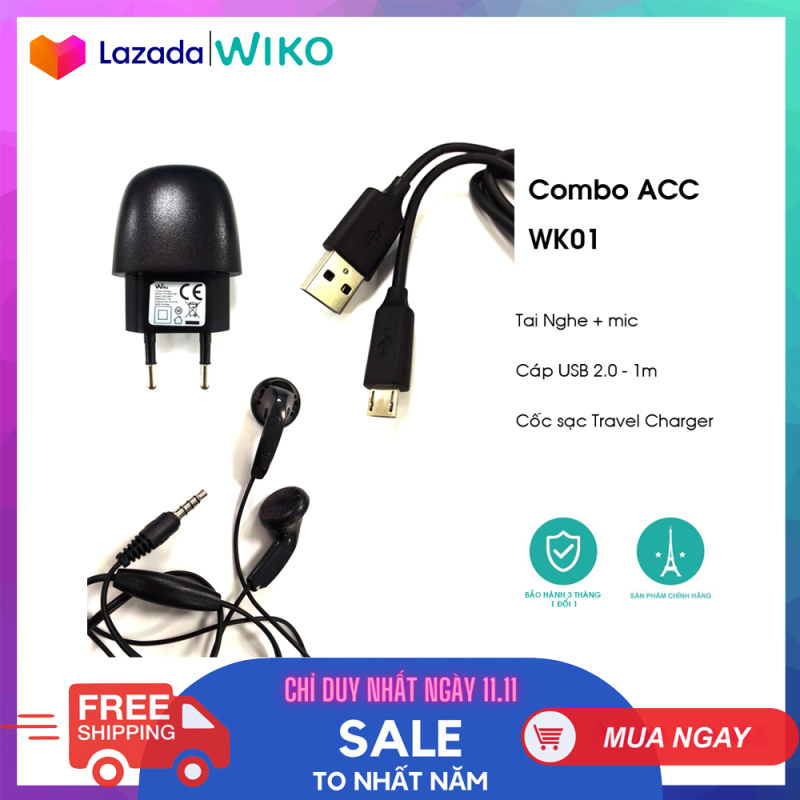 Combo Phụ kiện Wiko WK01 - Tai Nghe + Cáp USB + Cốc Sạc - Hàng Chính Hãng