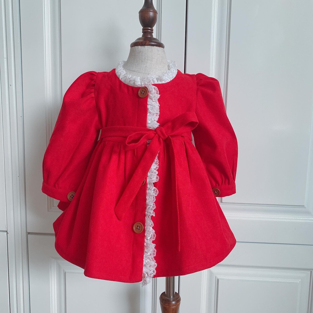Váy trẻ em dài tay màu đỏ  ⚡FREESHIP MAX⚡NHƯ Ý HOUSES- đầm đỏ mặc tết bé gái Hàng Thiết Kế Cao Cấp cho bé từ 1 - 8 Tuổi- ĐỎ KẸP REN thu đông